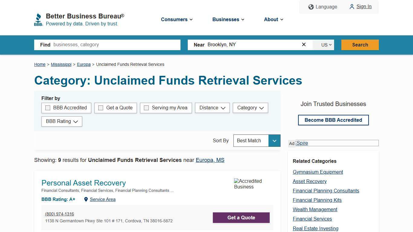 Unclaimed Funds Retrieval Services near Europa, MS Better Business Bureau
